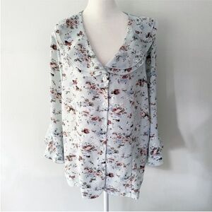 Vintage Women Y2K Floral Ruffle Bell Sleeve Button Down Top Large Cottagecore